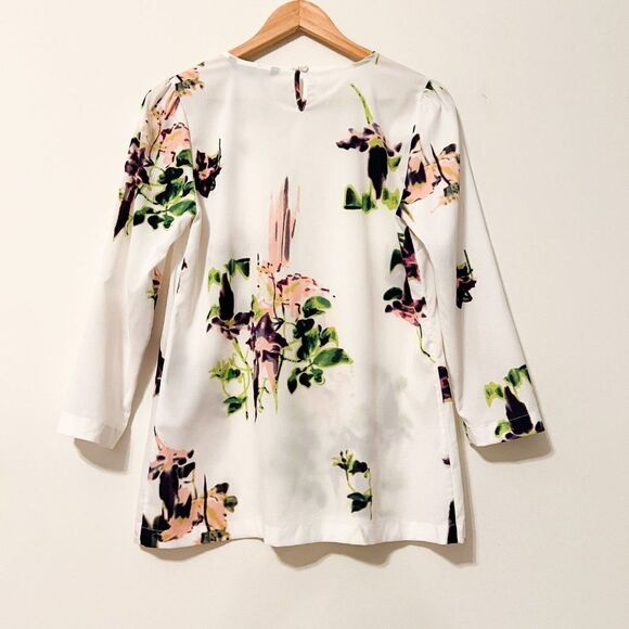 French Connection White Pink Purple Green Floral Watercolor Quarter Sleeve Top - Picture 5 of 7